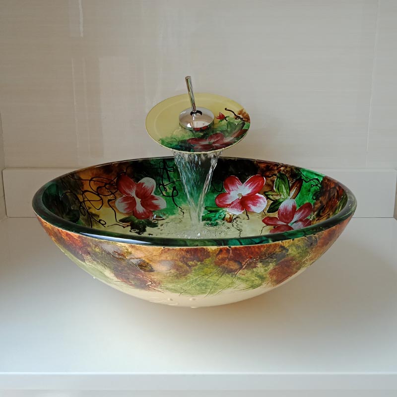 洗面ボウル＆蛇口セット 手洗い鉢 洗面器 強化ガラス製 排水金具付