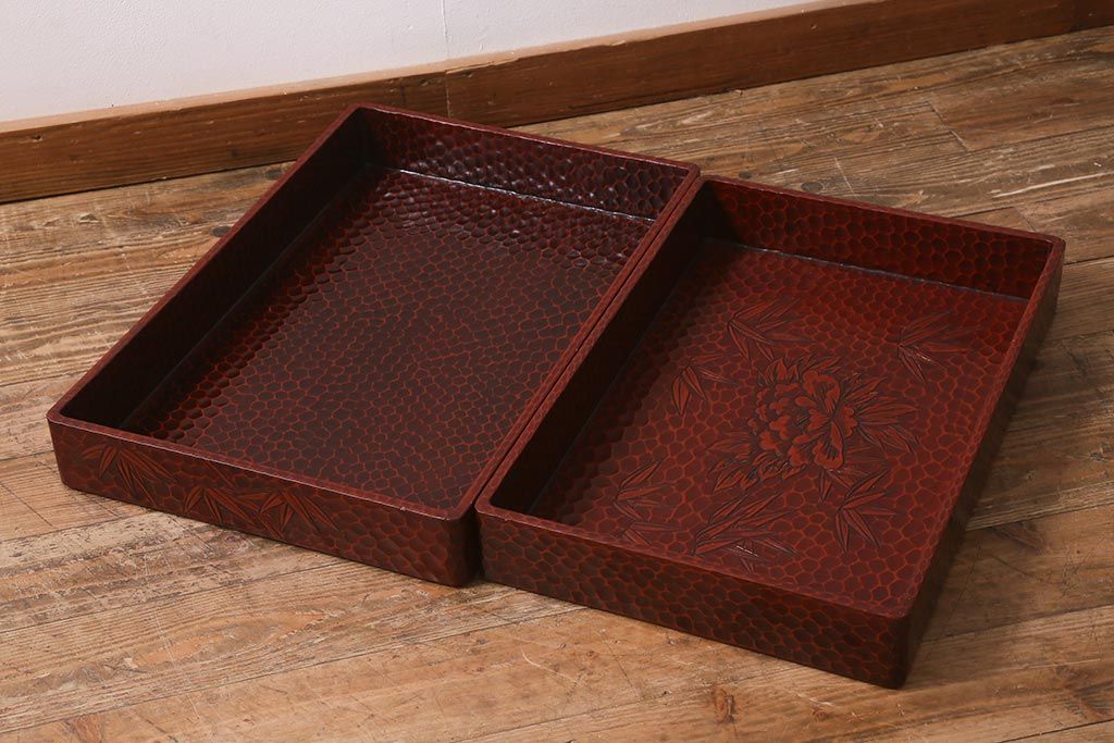 オークション Yahoo 鎌倉彫 乱れ箱 入れ子 伝統工芸品 漆塗り