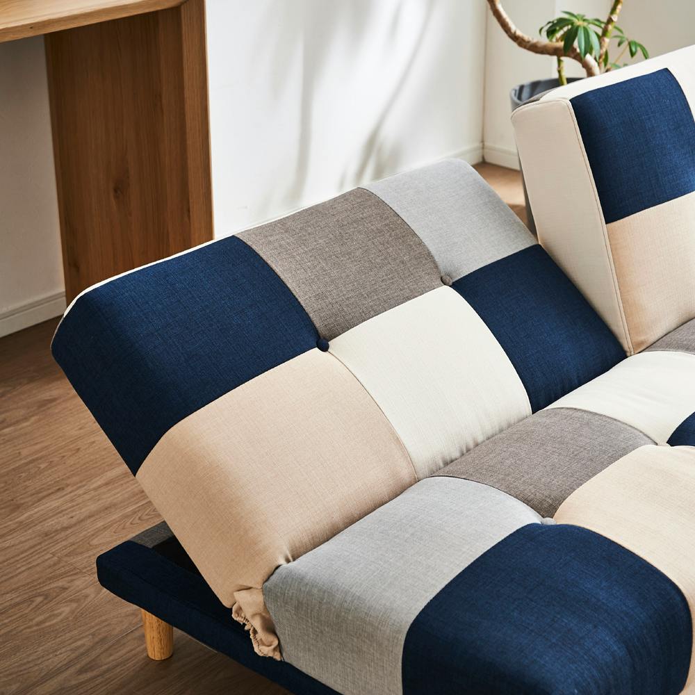 後藤家具物産 背もたれ2WAYパッチワークソファーベッド リアム2/ブルー