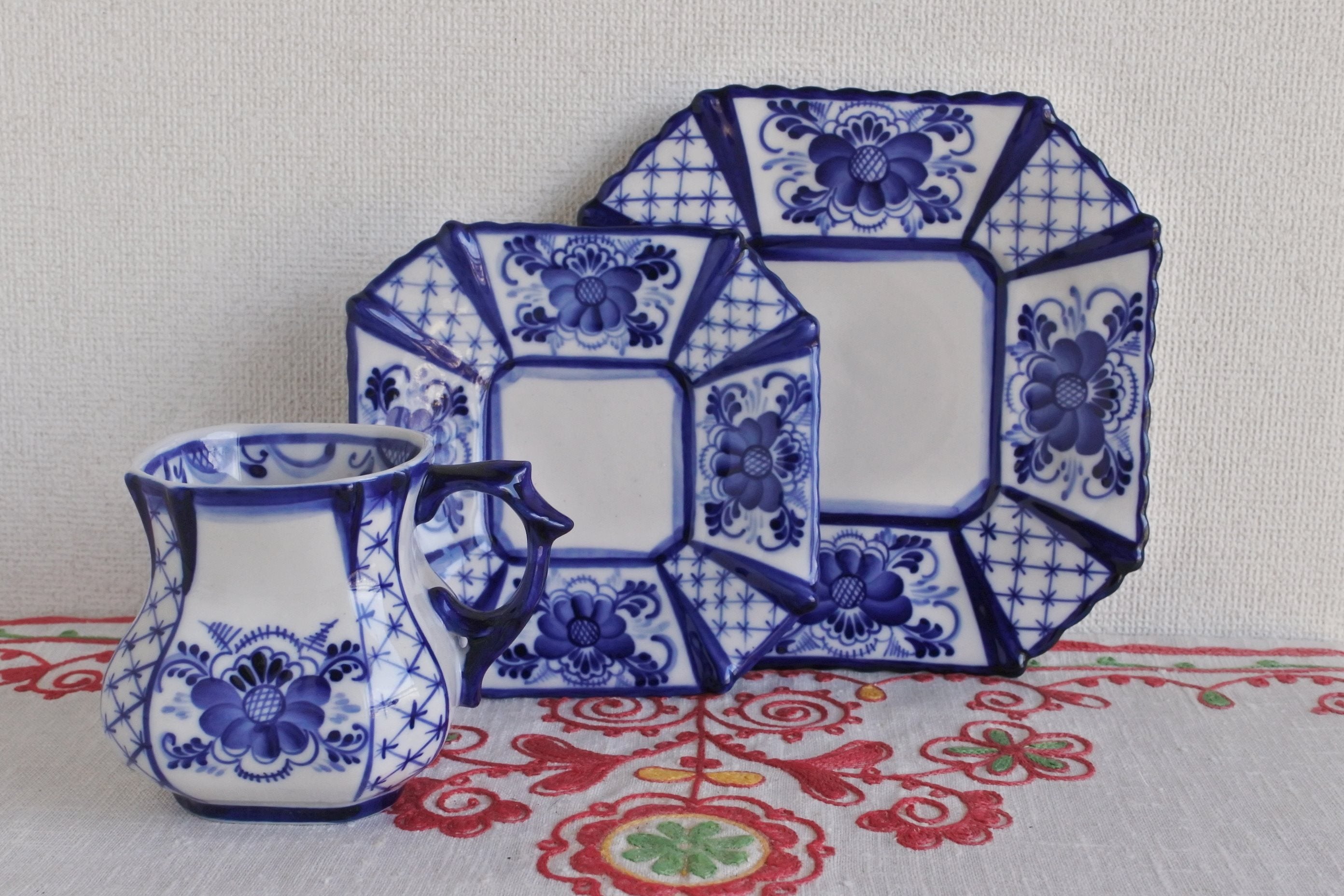 グジェリ陶器 カップ ソーサー ケーキ皿 3点セット ロシアの食器