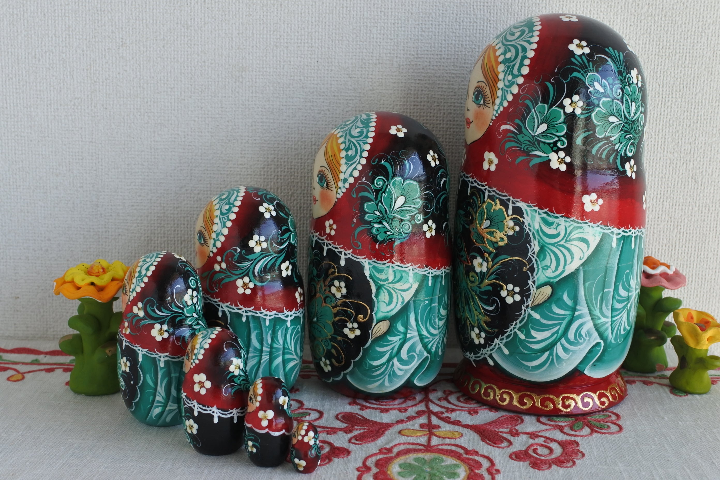 マトリョーシカ 7ピース ロシア民芸品 グリーン 小鳥 ロシア雑貨いりえ