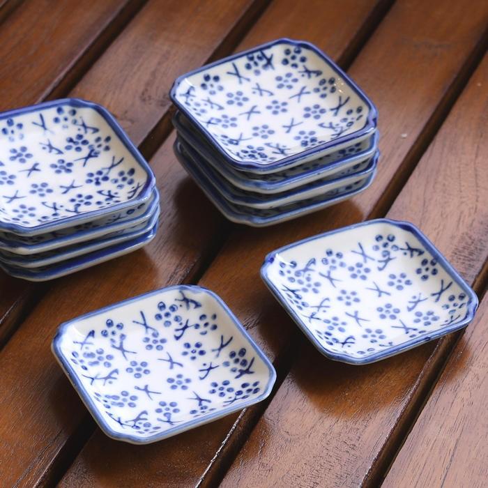 豆皿 10枚セット /7cm/ 陶器 角皿 花柄 醤油皿 和食器 和風 染付柄 器