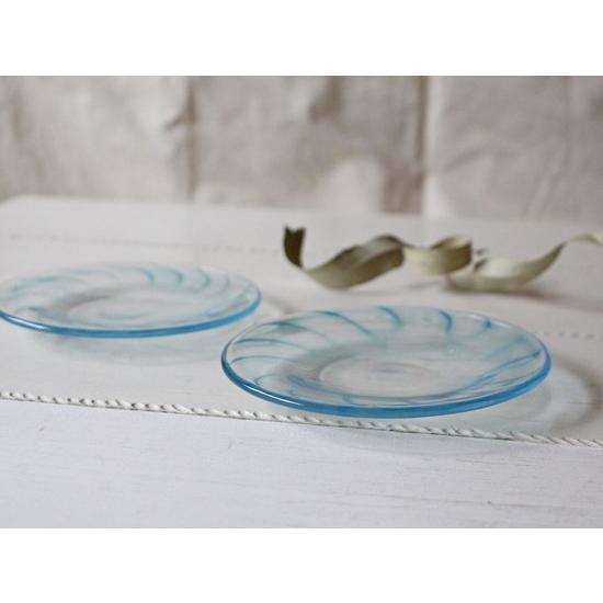 ガラス小皿 丸皿 14cm 青ライン tonari 吹きガラス 手作り ガラス食器
