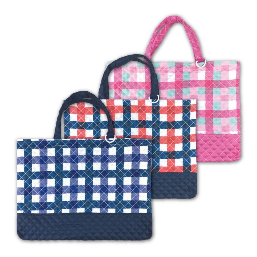 レッスンバッグ チェック柄 キルト素材 ネイビー ブルー アカ ピンク