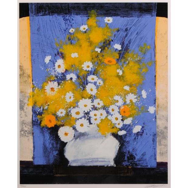 花 絵画 マーガレット 静物画 版画 シルクスクリーン 武井政之 「青い