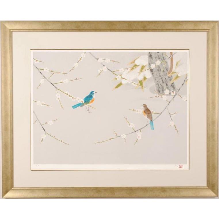 上村淳之 雪中小禽 鳥 絵画 和風 梅 花 日本画 インテリア シルク