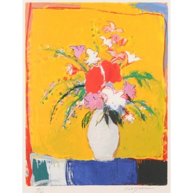 花 絵画 リトグラフ 版画 吉岡耕二 「黄色い背景のブーケ」 額付き
