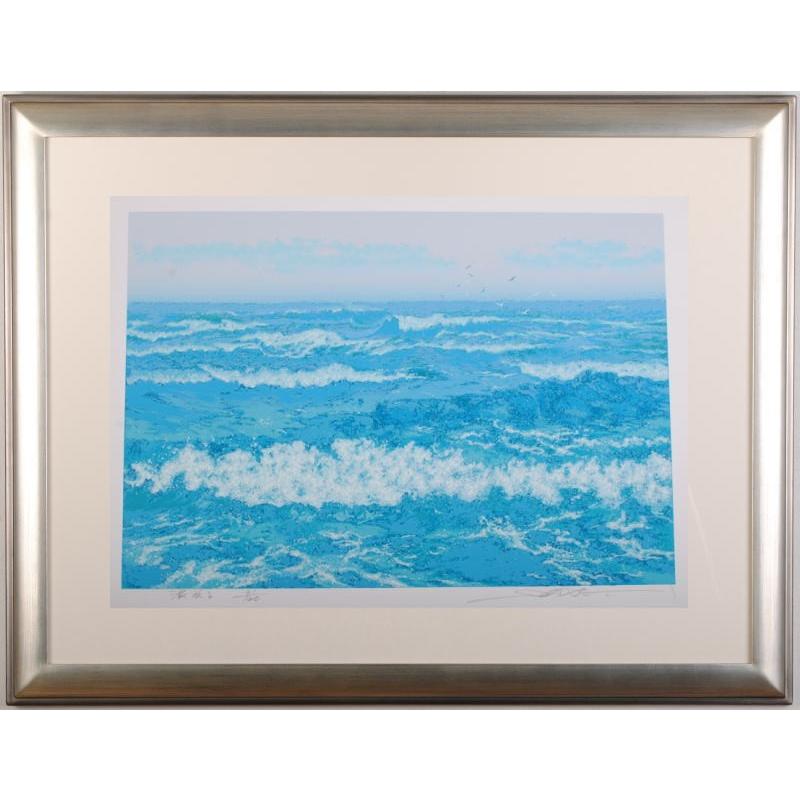 海 絵画 カモメ 鳥 絵 シルクスクリーン 版画 池上壮豊 「波光る」 額