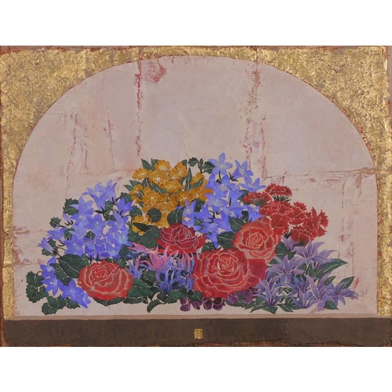 花 絵画 薔薇 油絵 油彩画 静物画 中西賢二 「花の窓」 額付き