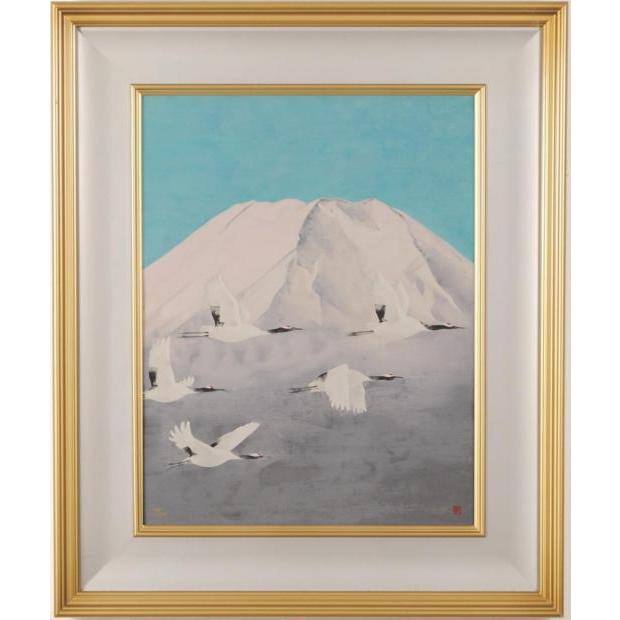 中島千波 不二と鶴(飛鶴朝陽不二之図) 富士山 絵画 丹頂鶴 和風 シルク