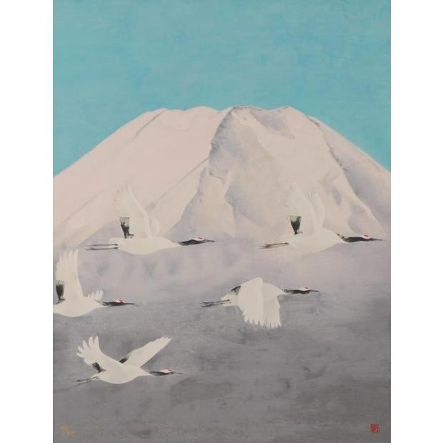 中島千波 不二と鶴(飛鶴朝陽不二之図) 富士山 絵画 丹頂鶴 和風 シルク