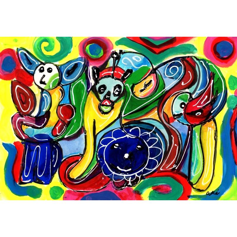 抽象画 絵画 ミクストメディア ライオン キリン 象 秋永清二 「楽しい