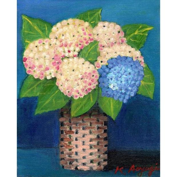 アジサイ 花 絵画 油絵 油彩画 青柳キミ子 「紫陽花」 額付き