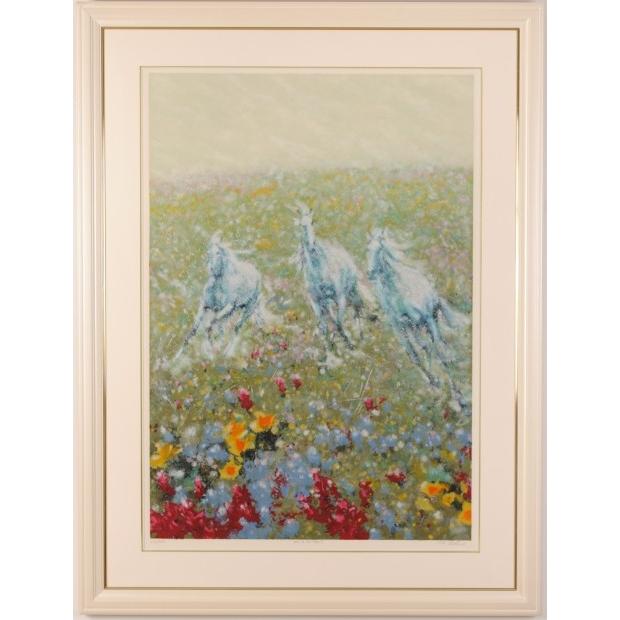 白馬 絵画 花 シルクスクリーン 版画 フーチーチュン 「草原を駆ける