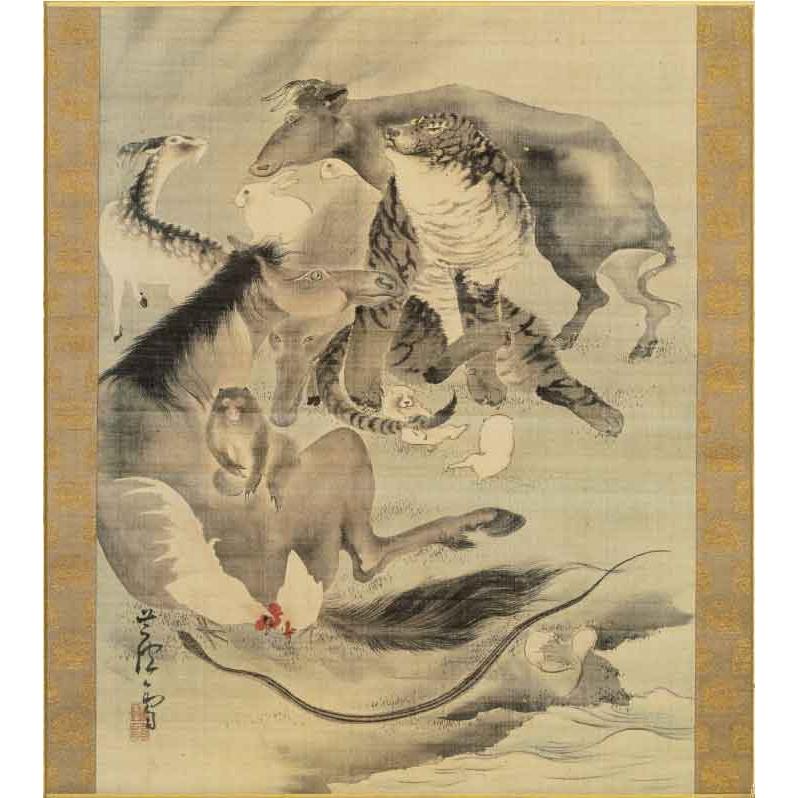 干支色紙 巳年 「十二支図」 長澤芦雪 筆/ たとう紙・解説付 : 京都