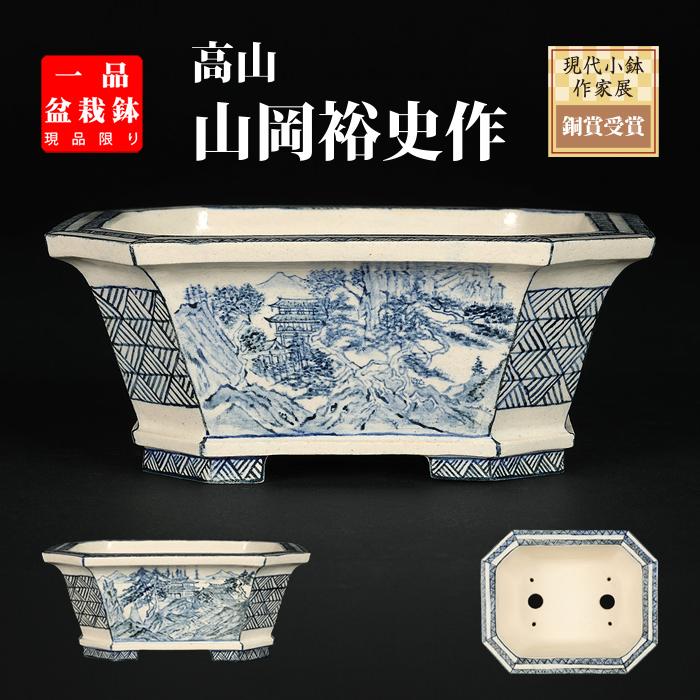 盆栽鉢 「高山染付山水図長方鉢」 植木鉢 絵付鉢 作家鉢 磁器 呉須 5号