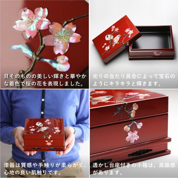 高岡漆器 螺鈿の透かし台付小箱 桜に樫鳥 朱 漆器 らでん 小物入れ