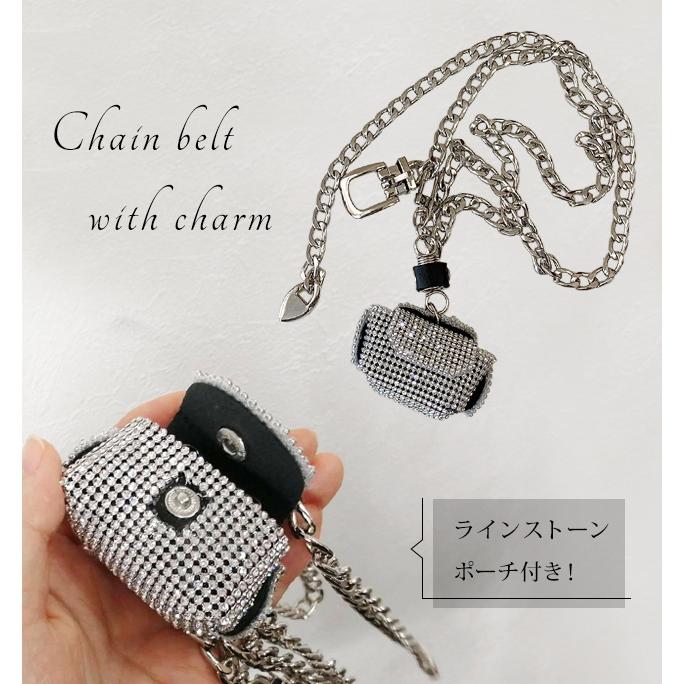 チェーンベルト ミニポーチ付き ネックレス ラインストーン シルバー
