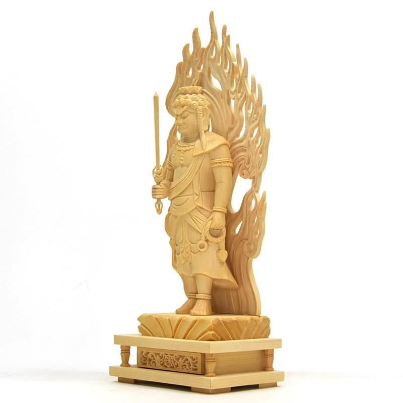 木彫り仏像 【不動明王立像】 桧木 火炎光背四角台 立5.0寸 お守り本尊