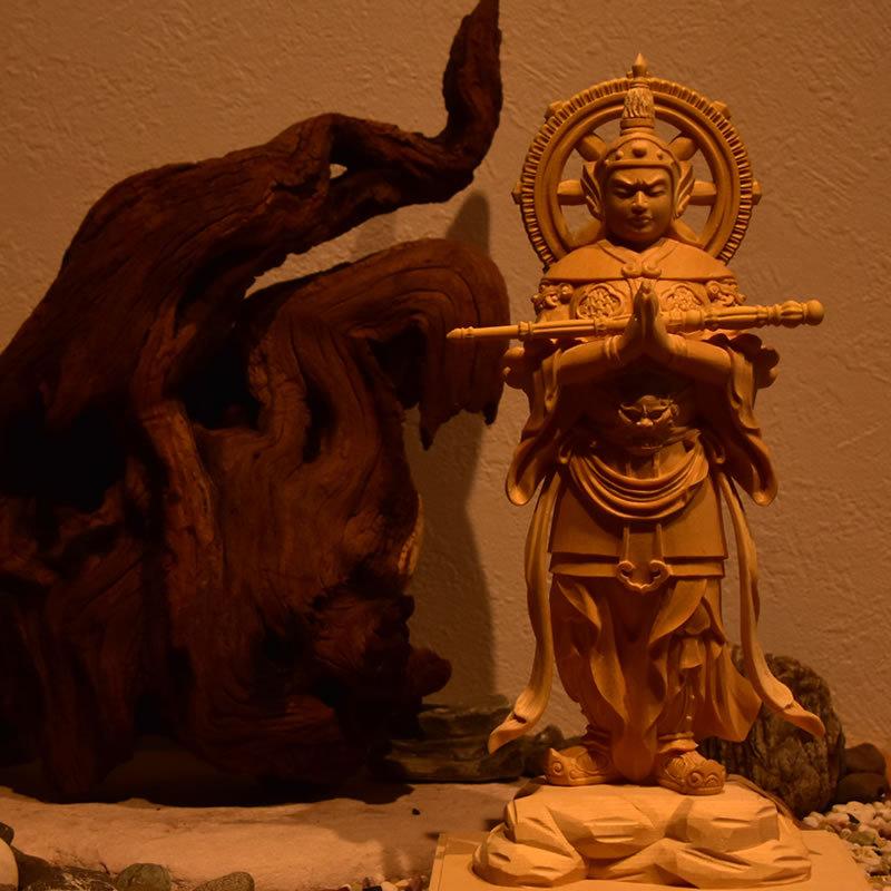 木彫り仏像 桧木韋駄天立像 上彫 総丈20cm : 海宇工芸館 Yahoo!店