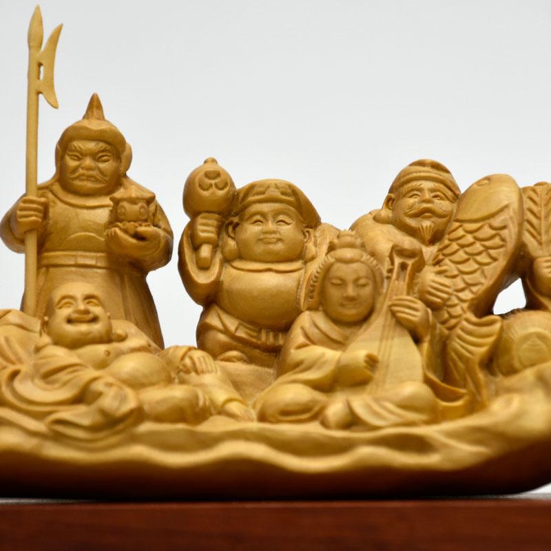 開運招福 木彫り 仏像 柘植一本彫【七福神】 幅約15cm 「七福神