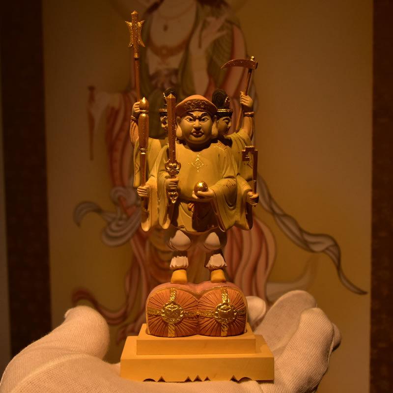 木彫り仏像 【小仏】柘植三面出世大黒天 淡彩色 比叡山形三面大黒天