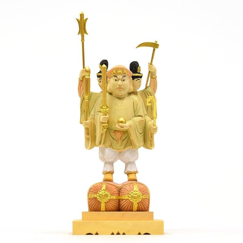 木彫り仏像 【小仏】柘植三面出世大黒天 淡彩色 比叡山形三面大黒天