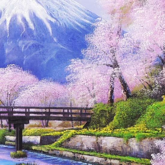 絵画 油絵 忍野富士に桜 F50号 （木村由記夫） 【肉筆】【油絵】【日本
