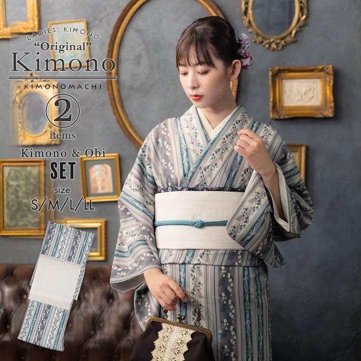 KIMONOMACHI 洗える着物 セット「袷着物：縞すずらん パープル