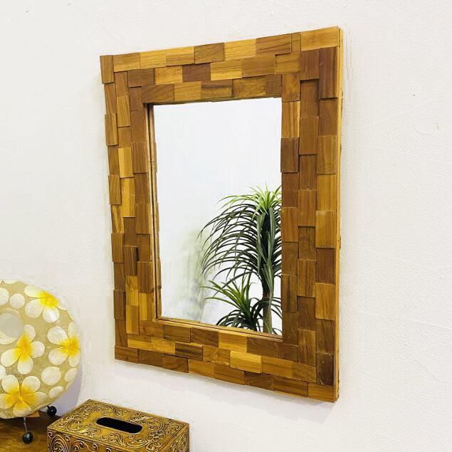 壁掛け鏡 アジアンミラー ウッドタイル フレーム 鏡 H60 W45 壁掛け