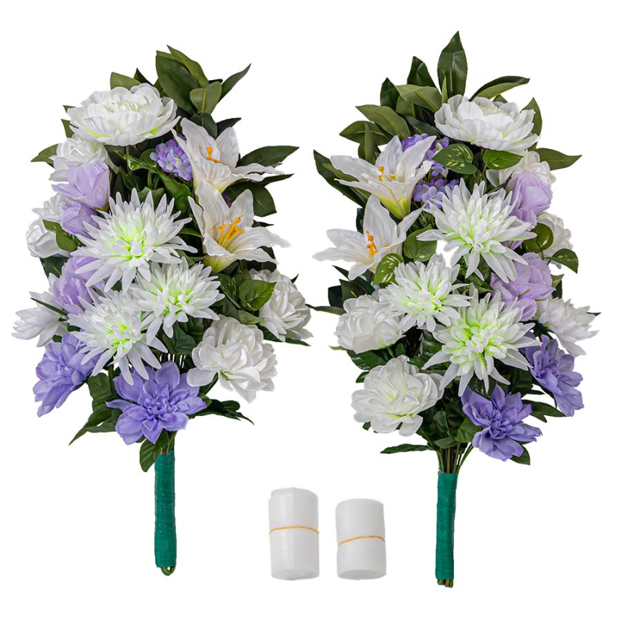 菊 ユリ ダリア しきみ(樒)付き 造花 2束 固定具付き 仏花 お墓用 お