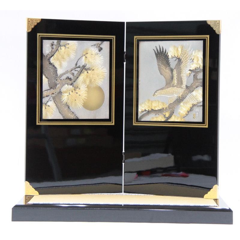 アウトレット品 五月人形平飾台 屏風・台セット 20号 黒塗 彫金松鷹