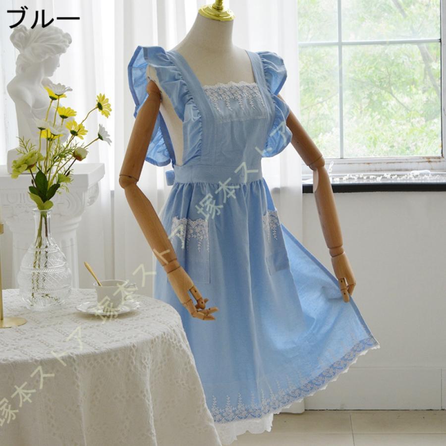 エプロン ロング 綿 ドレス X型 フリル 姫 メイド ポケット 肩掛け