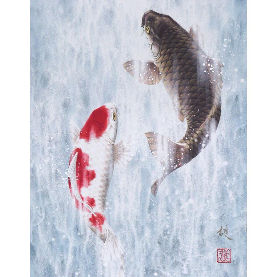 テレビで紹介された話題の（額入り） 開運・鯉の滝登り 広森雄 約横49