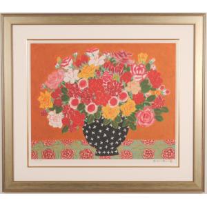 花 絵画 アネモネ リトグラフ 版画 ピエール・ボンコンパン 「花瓶