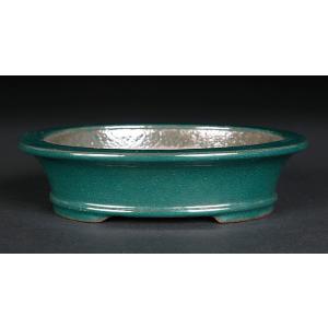 盆栽鉢 色鉢 緑釉外縁胴紐楕円鉢 陶器 4号 11cm グリーン 小品盆栽