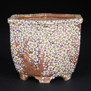 七代渋草柳造染付山水鯨図丸鉢 盆栽鉢 鉢 植木鉢 盆器 作家鉢