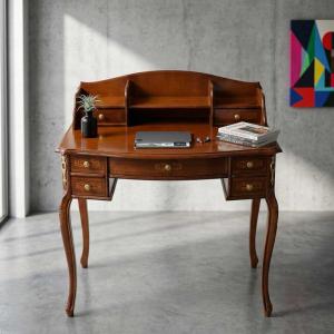 イタリア デスク ライティング ビューロー 3段 茶 象嵌 丸脚 完成品