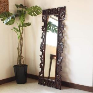 ウッドフレームミラー 鏡 姿見 壁掛け ウォールミラー 木製 彫刻