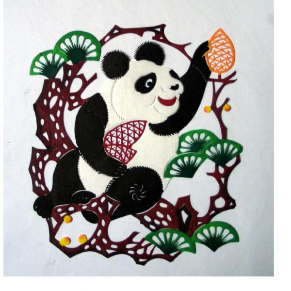 中国伝統工芸 切り絵 『可愛いパンダ・パンダ』額入 伝統工芸名人