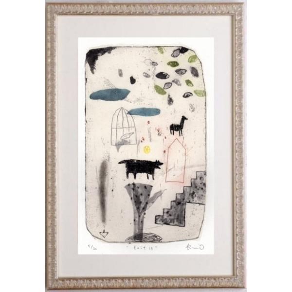 抽象画 絵画 犬 絵 銅版画 エッチング オバタクミ 「Exit 13」 額付き