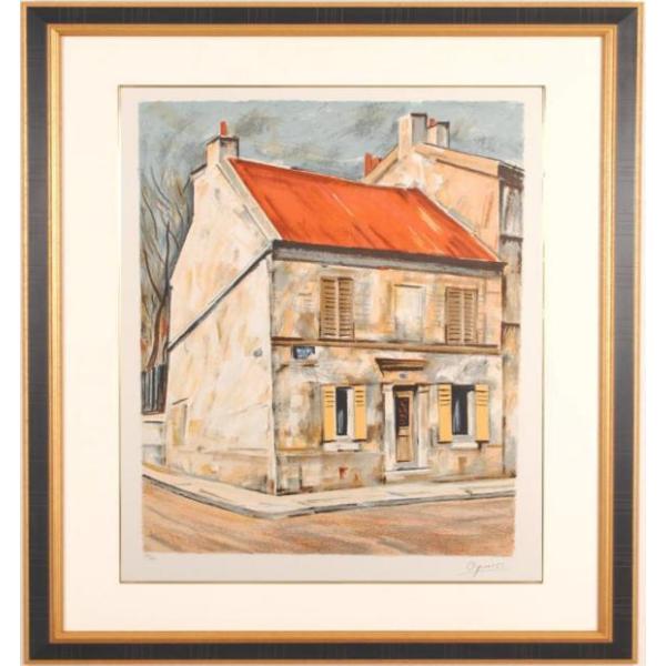 フランス 絵画 風景画 版画 リトグラフ 荻須高徳 「4月のアルジャン