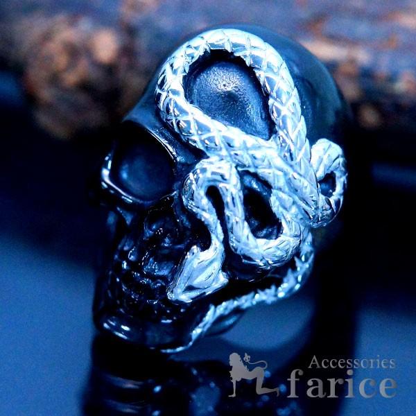 ブラック スカル (骸骨) シルバー スネーク (蛇) ステンレス メンズ