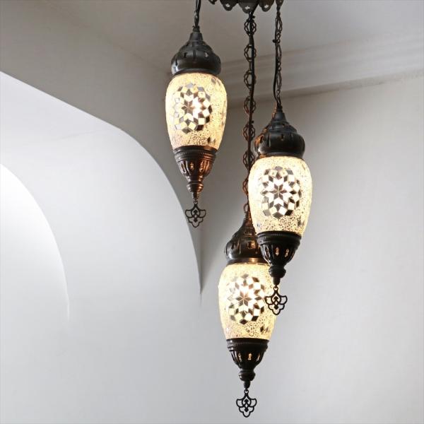 トルコランプ モザイクガラスランプシャンデリア 3灯 ホワイト