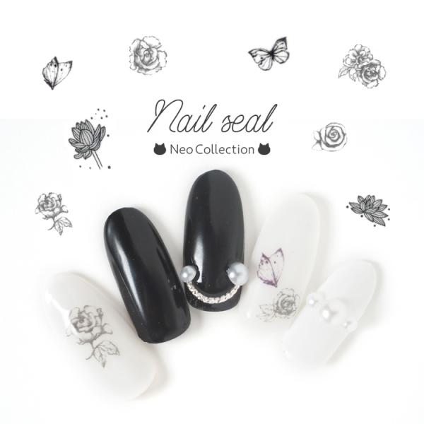 ネイルシール モノトーンフラワー 【HANVYI-408】 ローズ 蝶 白黒