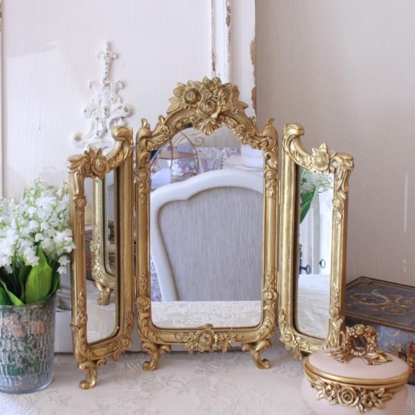 ドレッサーミラー スタンドミラー 三面鏡 ゴールド ミラー バロック