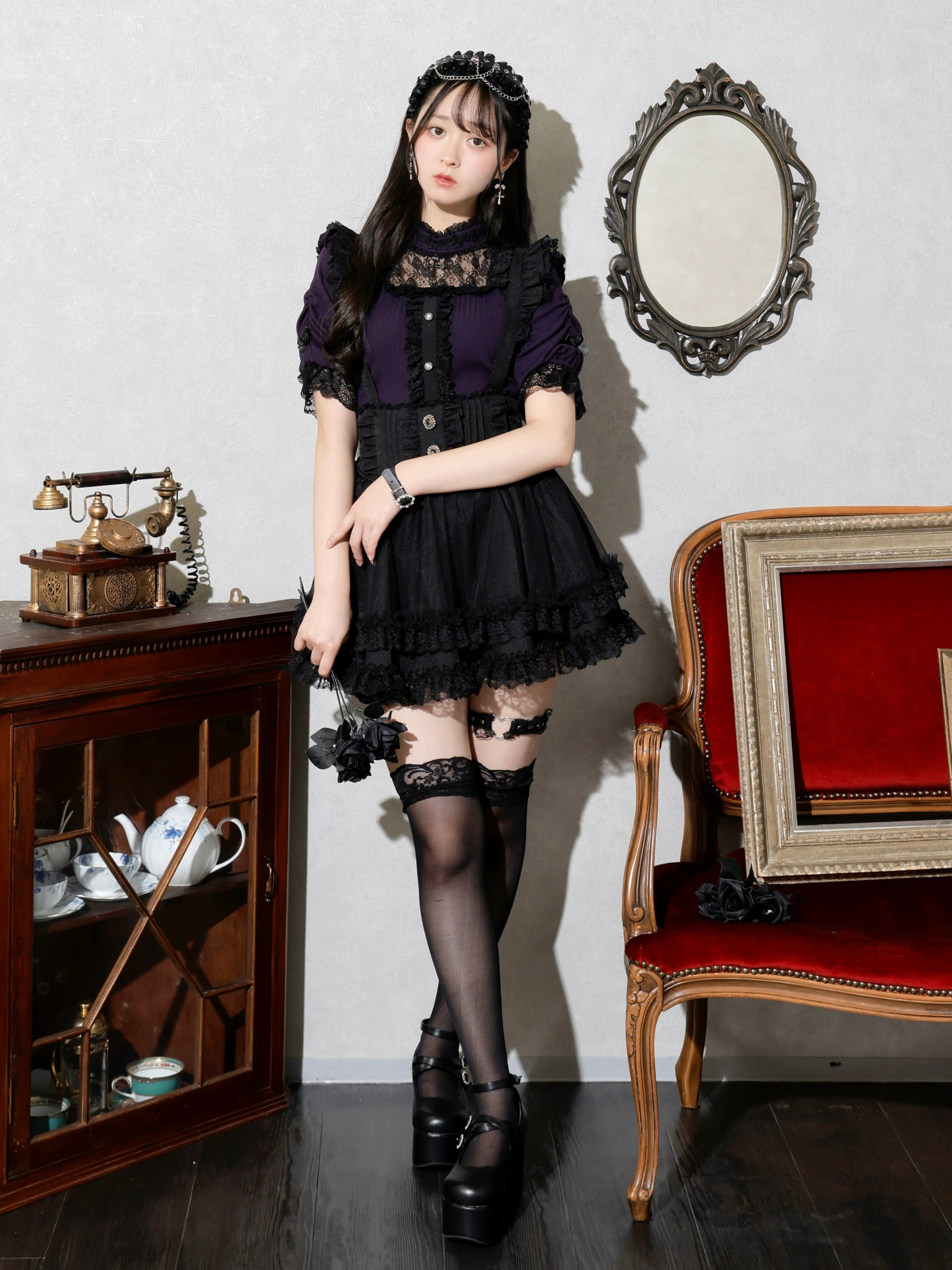 ゴシックチュールサスペンダースカパン（ミニスカート｜青・A柄・黒