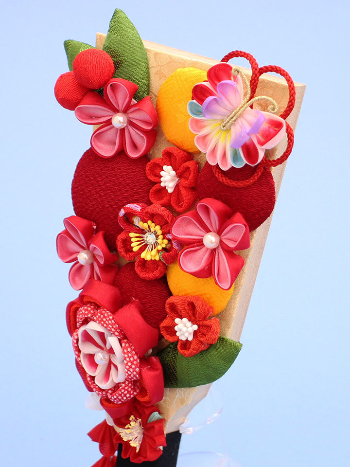 お花の羽子板 7号つまみ細工のおしゃれな羽子板 花づくし(赤) MDF