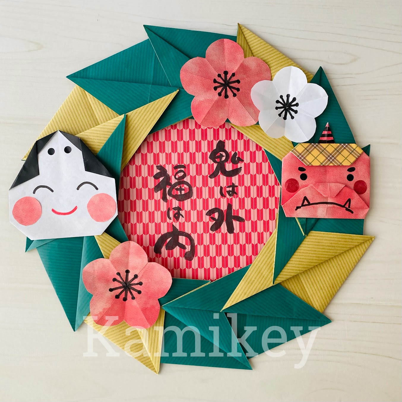 節分のリース飾り1「おに、おたふくとひいらぎリース」