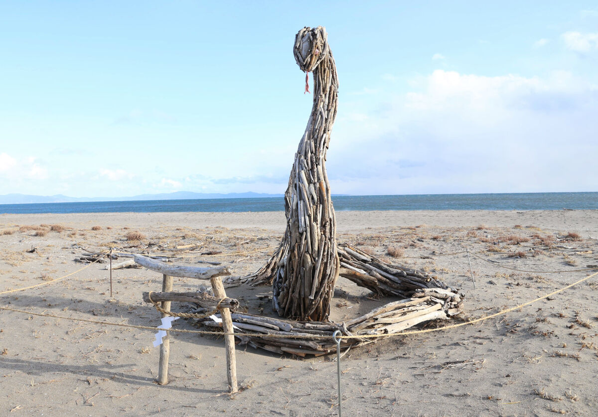 そびえ立つ迫力の大蛇 1000本の流木で制作 宮城・東松島の野蒜海岸